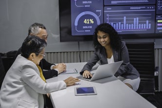 Diverse medical affairs team analyzing data